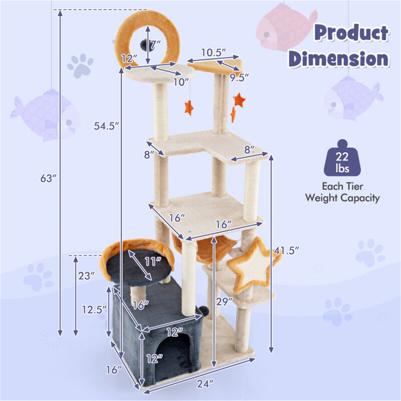 Multi-Stage Cat Tower with Scratch board and Toys for Indoor Cats