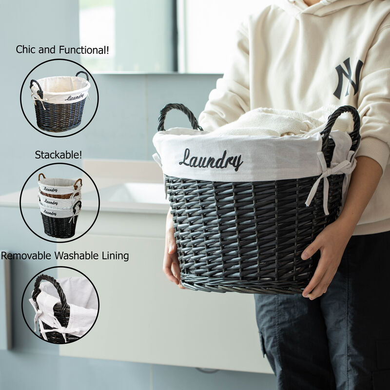 Wickerwise Handwoven Laundry Basket with Liner & Handles - Boho Decorative Storage Hamper for Clothes Blankets Pillows and Towels - Ideal for Laundry Room Bathroom Bedroom and Living Room, Brown