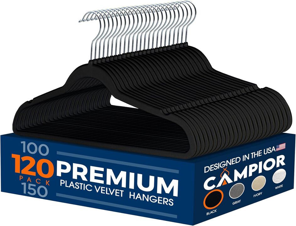 Premium Velvet Non-Slip Hangers for Clothes - Heavy Duty Coat Hanger Set with 360° Swivel Hook, Lightweight, Luxurious Velvet Finish, Versatile Hangers for Any Closet, Pack of 120 - Black