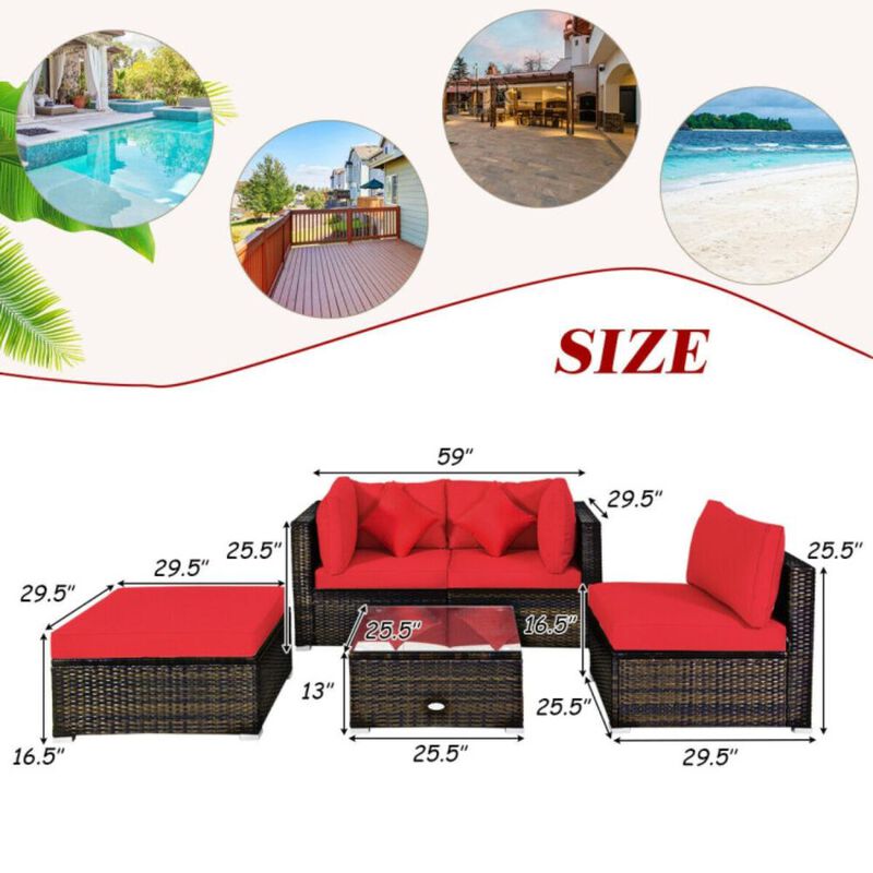 Hivvago 5 Pcs Outdoor Patio Rattan Furniture Set Sectional Conversation with Navy Cushions