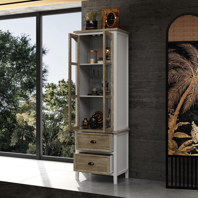 FUFU&GAGA Modern Tall Kitchen Pantry Cabinet with Glass Doors and Drawers for Dining Room Storage, (23.6" W x 73" H x 15.7" D), White & Brown