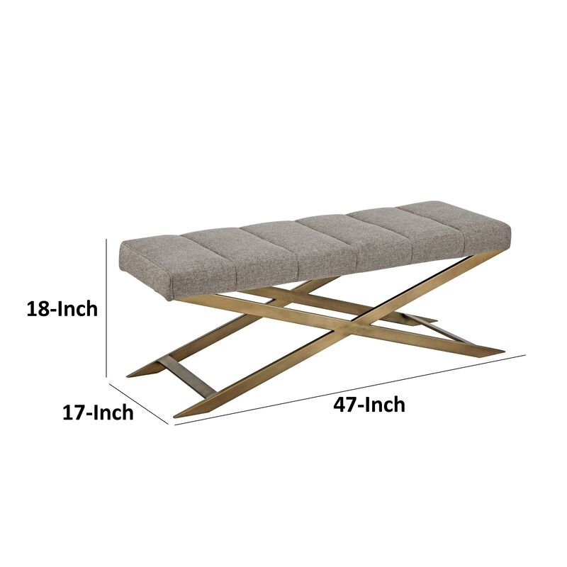 Cid Shia 47 Inch Accent Bench, Tufted Gray, X Shape Brushed Brass Legs - Benzara