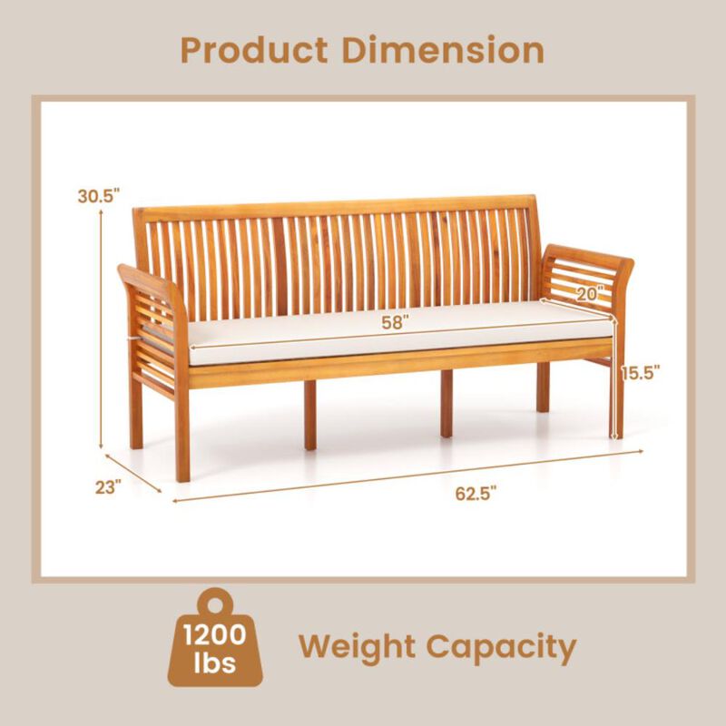Hivvago 62.5 Inches Patio 3-Seat Wood Bench with Soft Seat Cushions-White