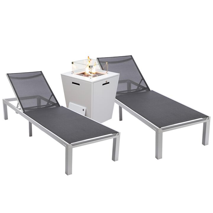 LeisureMod Marlin Modern Aluminum Outdoor Patio Chaise Lounge Chair in White Frame Set of 2 with Square Fire Pit Side Table in White