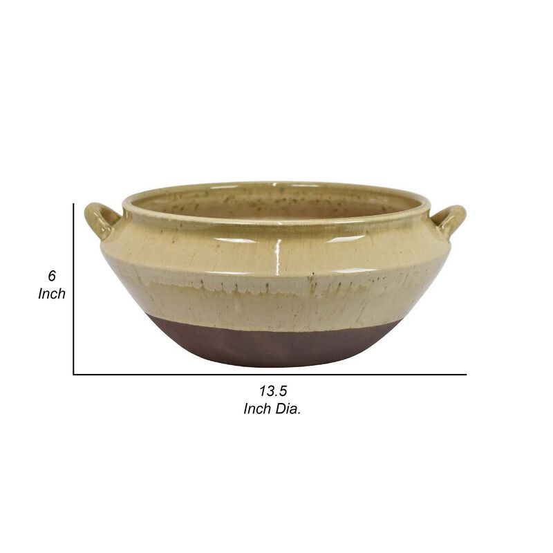Elf 14 Inch Vase, Antique Bowl Shape, 2 Handles, Brown, Transitional Style - Benzara