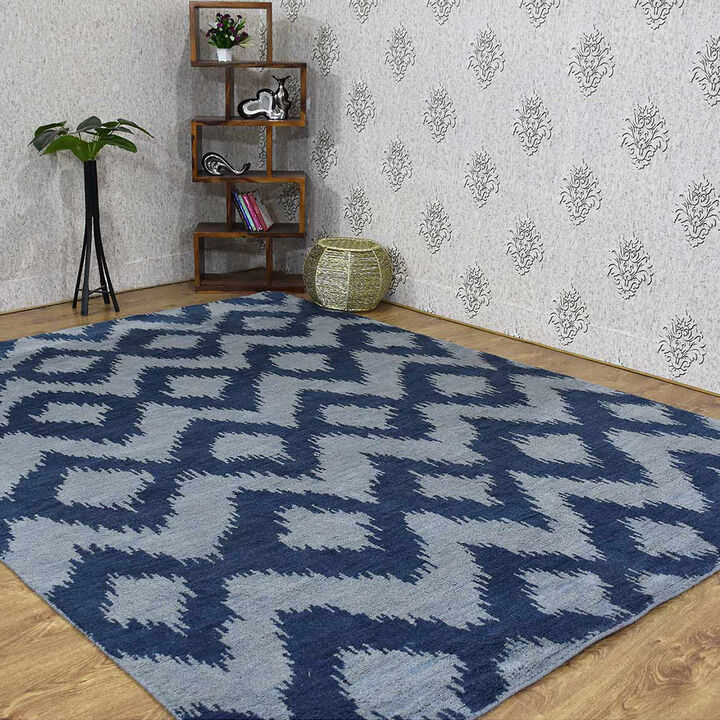 HAND KNOTTED WOOL Geometric AREA RUGS  - 8'x10', Rectangle Shape, Light Blue Blue Color, Geometric Modern, Medium Pile Handmade Area Rugs for Living Room, Bed Room (N00165)