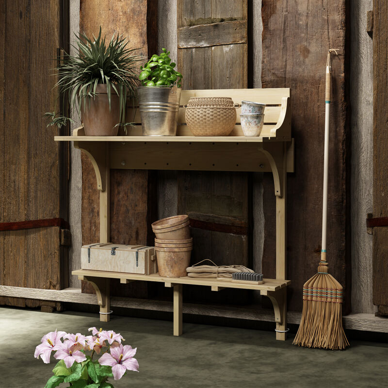 39.3 in. W x 43.3 in. H Outdoor Indoor Brown Wooden Plant Stand Flower Pot Rack Wall Mount For Garden Patio (2-Tier)