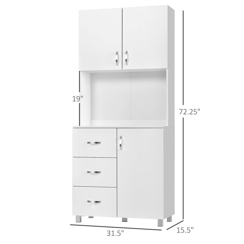 White Kitchen Organizer: Freestanding Hutch Cabinet with Doors and Drawers