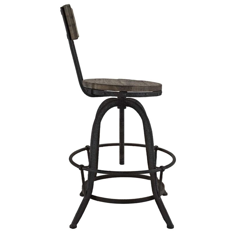 Modway Procure Rustic Farmhouse Pine Wood and Cast Iron Adjustable Height Two Bar Stools in Brown