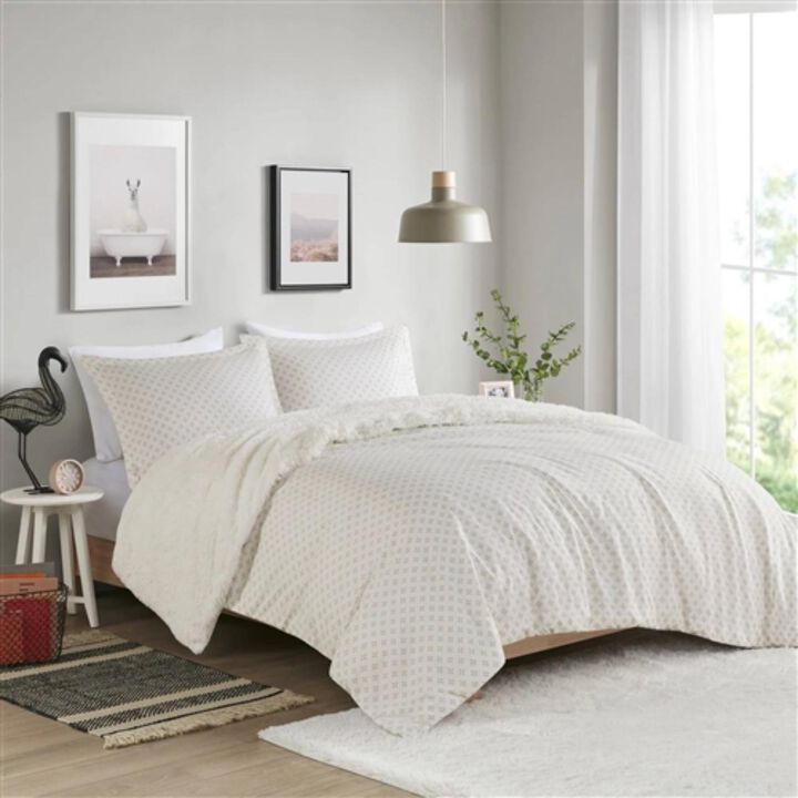 Hivvago Full/Queen size Reversible Soft Sherpa Faux Fur 3 Piece Comforter Set in Ivory
