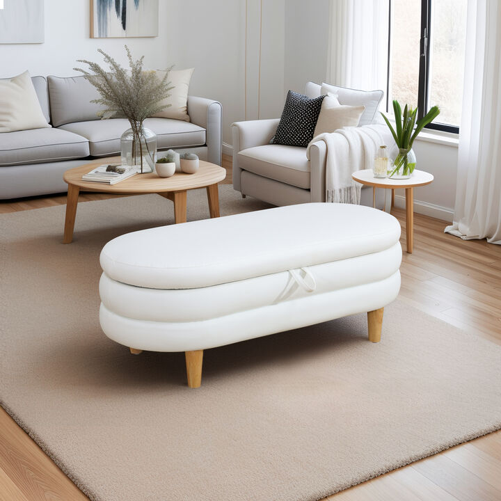 White Cotton Oval Ottoman with Storage