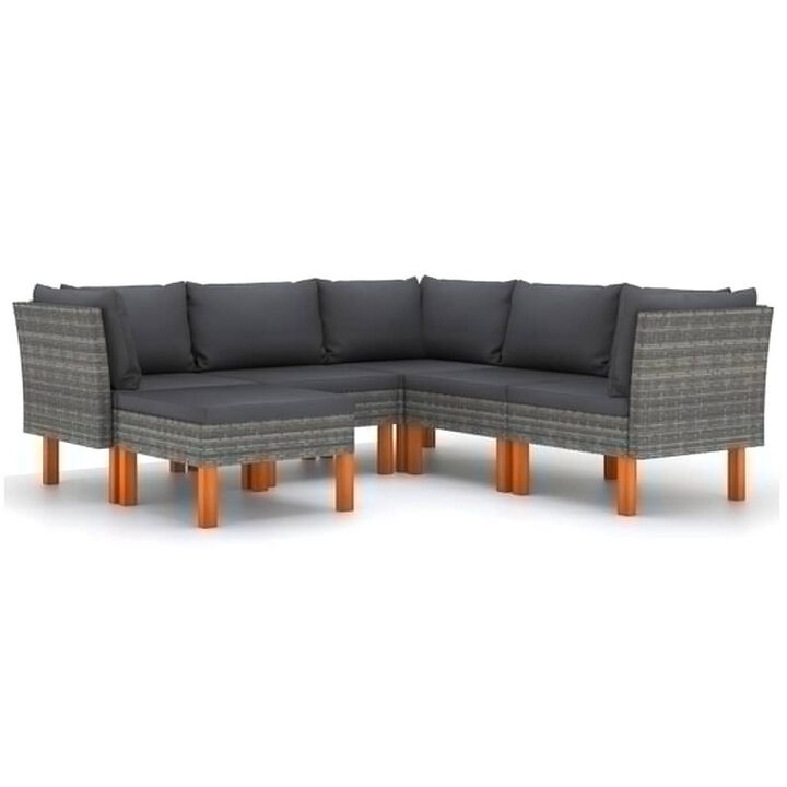 Casey Outdoor 6pc Modular Lounge Sofa Set, Gray Rattan, Solid Wood - Benzara