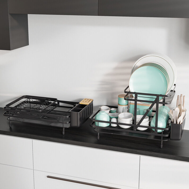 2-Tier Collapsible Dish Rack with Removable Drip Tray for Kitchen Organization and Drying
