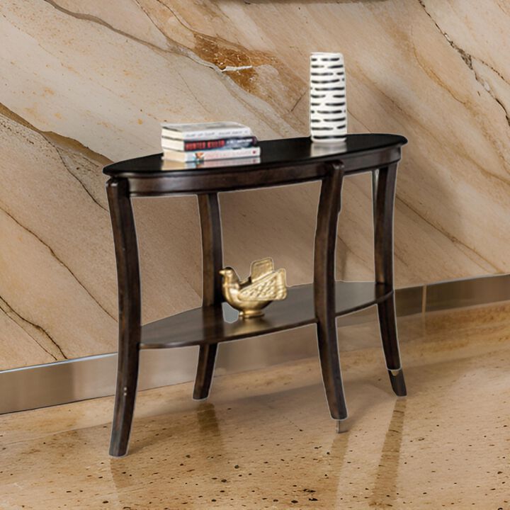 Orio Sofa Table, Open Shelves, 49 Inch Oval Top, Curved Legs, Brown Wood