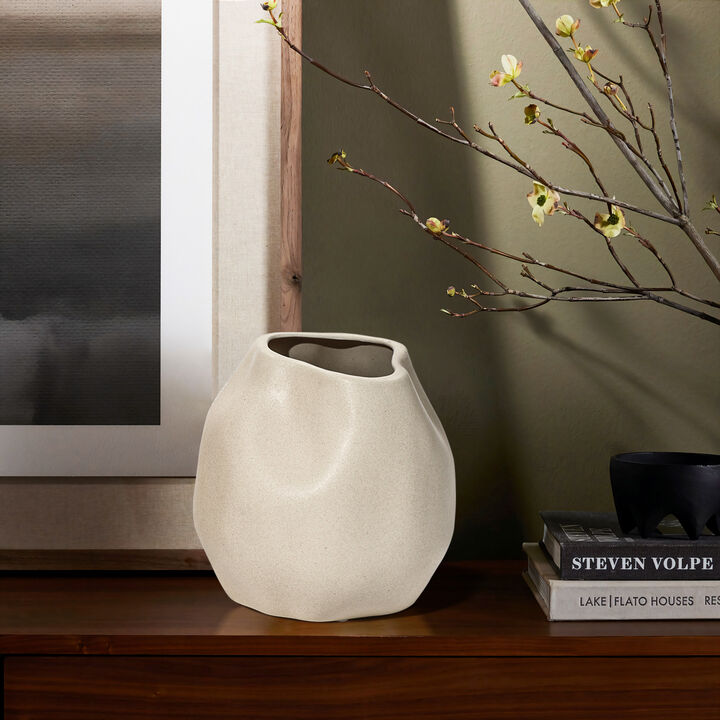 LuxenHome Ivory White Ceramic Modern Round Vase