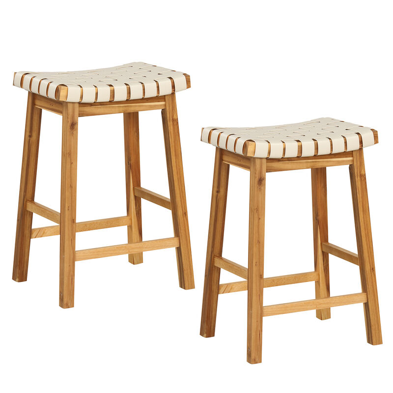 Faux PU Leather Bar Stools Set of 2 with Woven Curved Seat