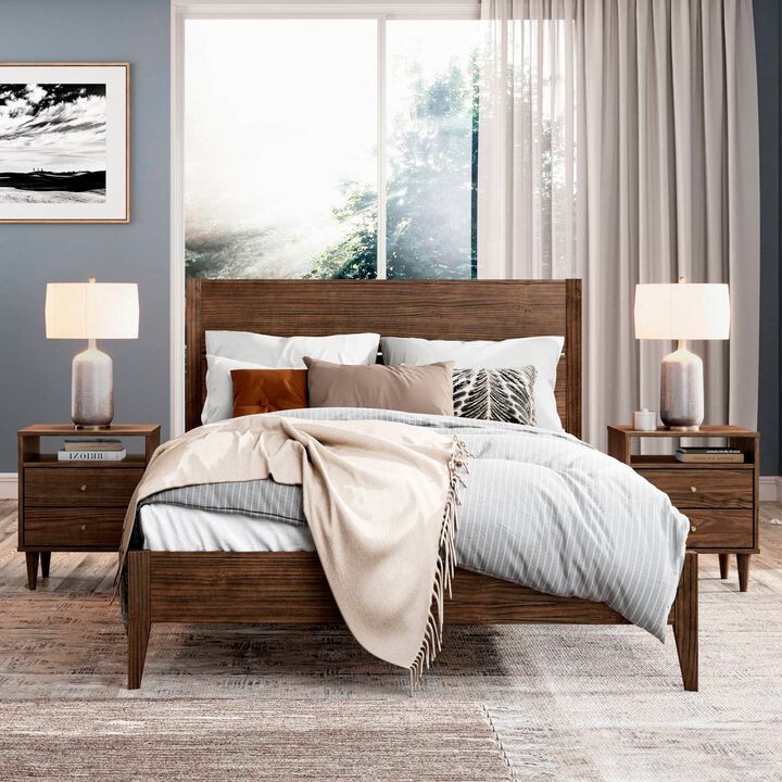 Hivvago Full Size Rustic Walnut Mid Century Slatted Platform Bed