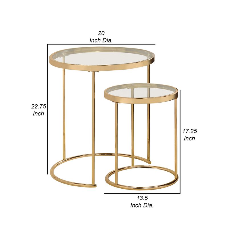 23 Inch Round Nesting Tables, Glass, Metal Base, Set of 2, Gold, Clear-Benzara