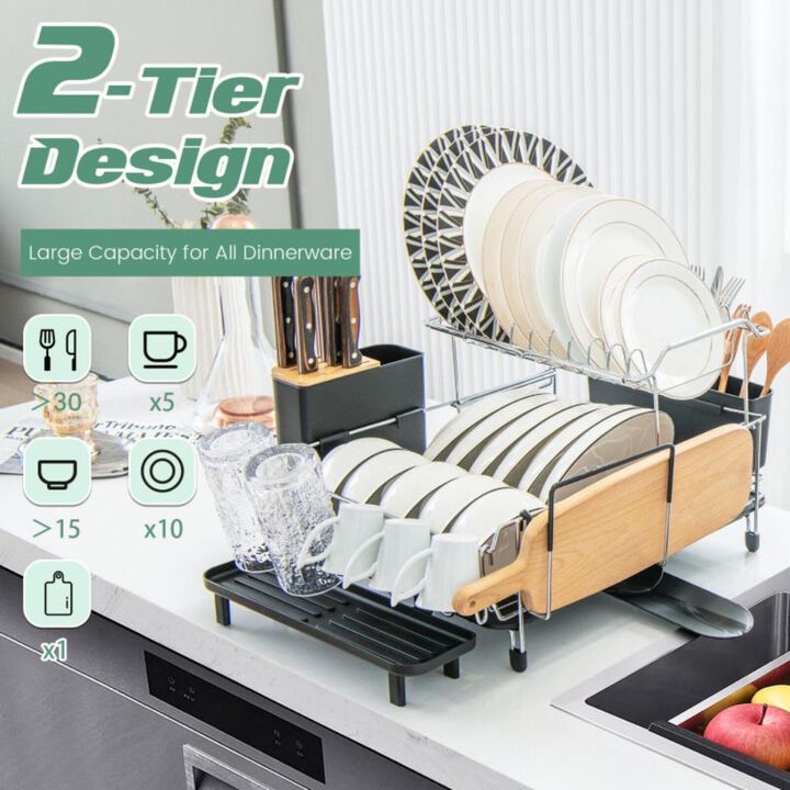 Hivvago 2-Tier Detachable Dish Rack with Drainboard and 360-Degree Swivel Spout