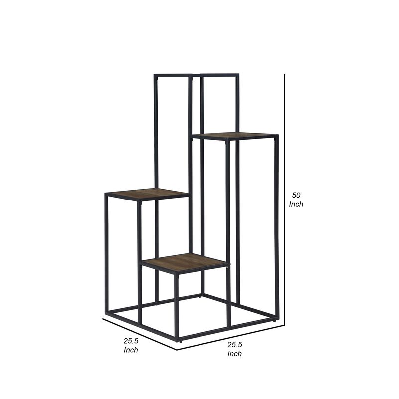 50 Inch 4 Tier Design Display Shelf, Metal Frame, Industrial, Brown, Black-Benzara