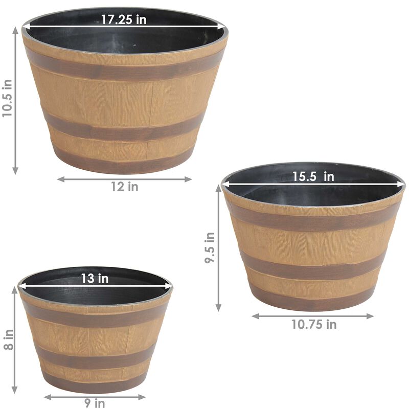Sunnydaze Resin Rustic Cask Outdoor Planter 13 in, 15 in, 17 in - Set of 3