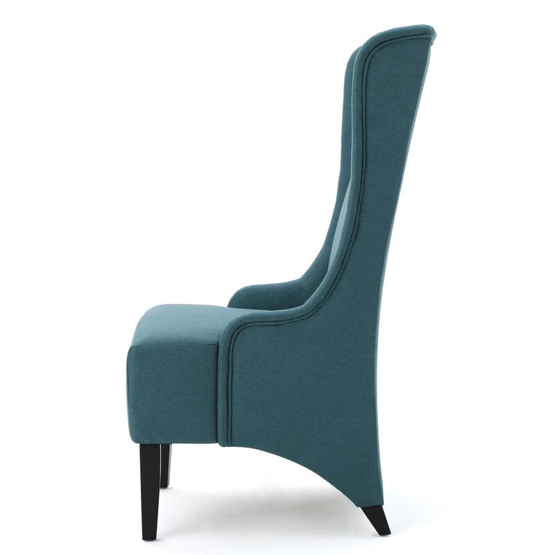 Becca Dining Chair, High Wingback Dark Brown Birch Wood, Teal Fabric  - Benzara