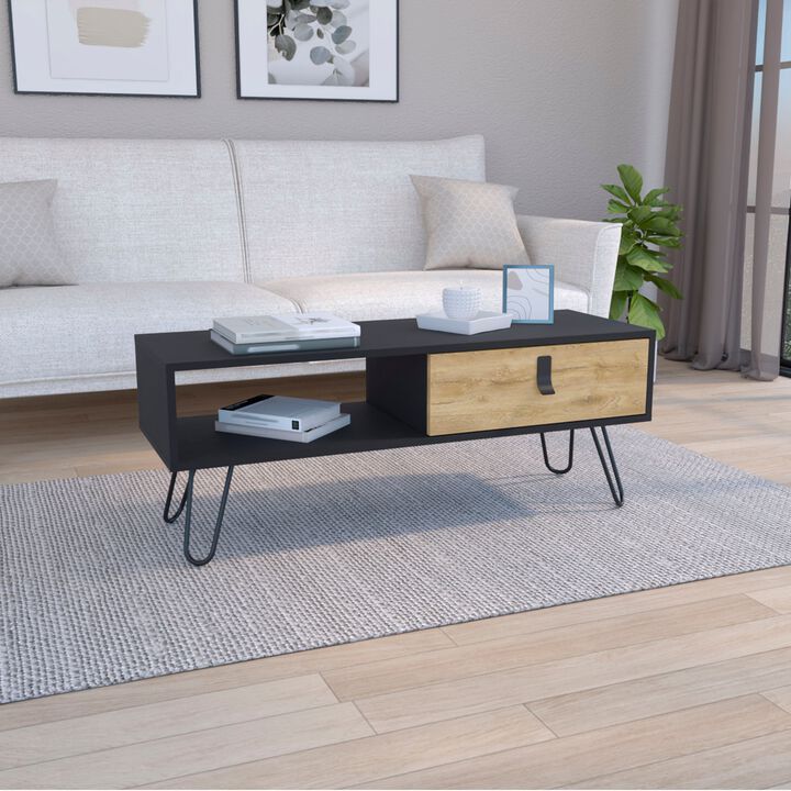 Huna Coffee Table with Hairpin Legs and Ample Storage Drawer-Black / Macadamia