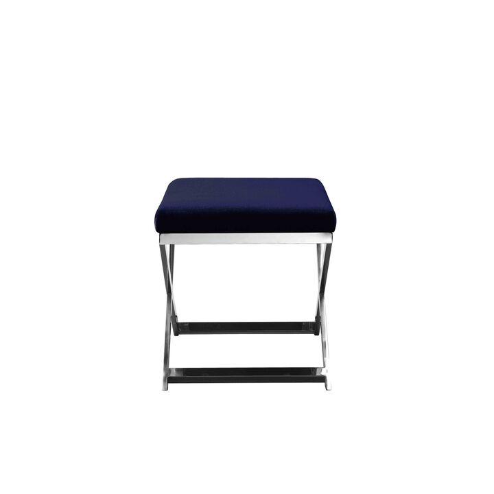 Sovi 20 Inch Accent Stool Ottoman, X Shape Steel Legs, Navy Blue Velvet - Benzara