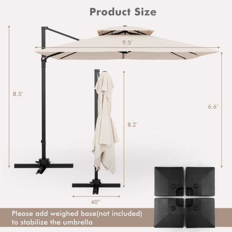 Hivvago 9.5 Feet Cantilever Patio Umbrella with 360° Rotation and Double Top