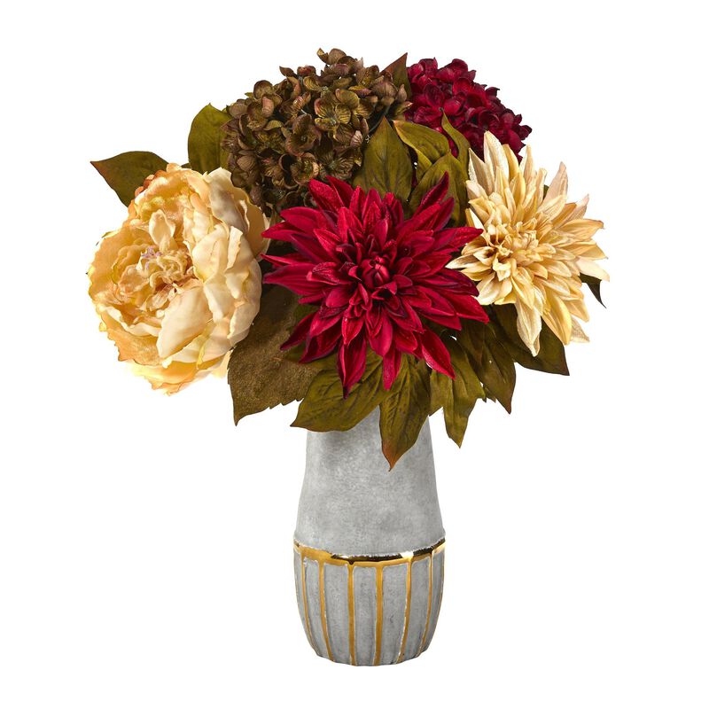 Nearly Natural 17-in Peony, Hydrangea, Dahlia Arrangement in Vase w/ Trimming