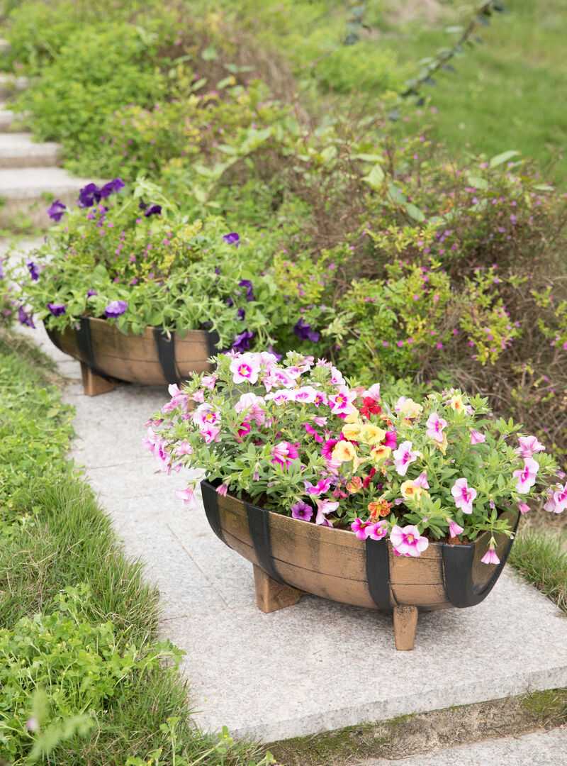Rustic Wood- Look Plastic Half Barrel Flower Pot Garden Planter, Pack of 2