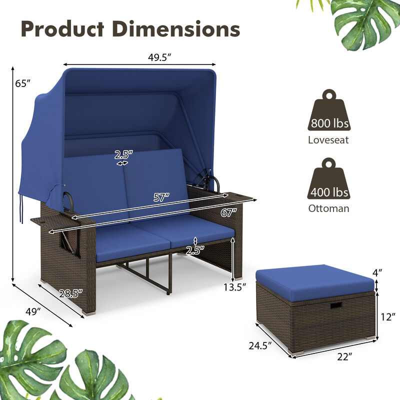 Outdoor Patio Rattan Daybed with Retractable Canopy and Adjustable Backrests