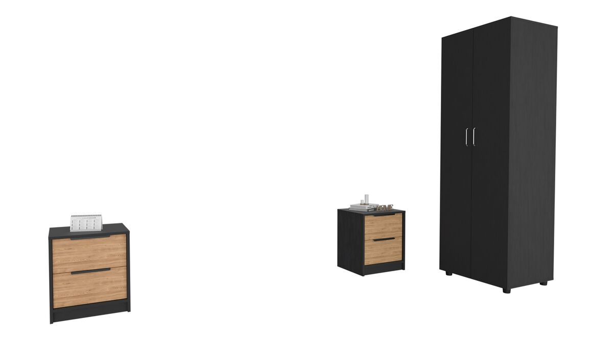 DEPOT E-SHOP Deering 3 Piece Bedroom Set, London Armoire + Egeo Nightstand + Egeo Nightstand, Black / Pine