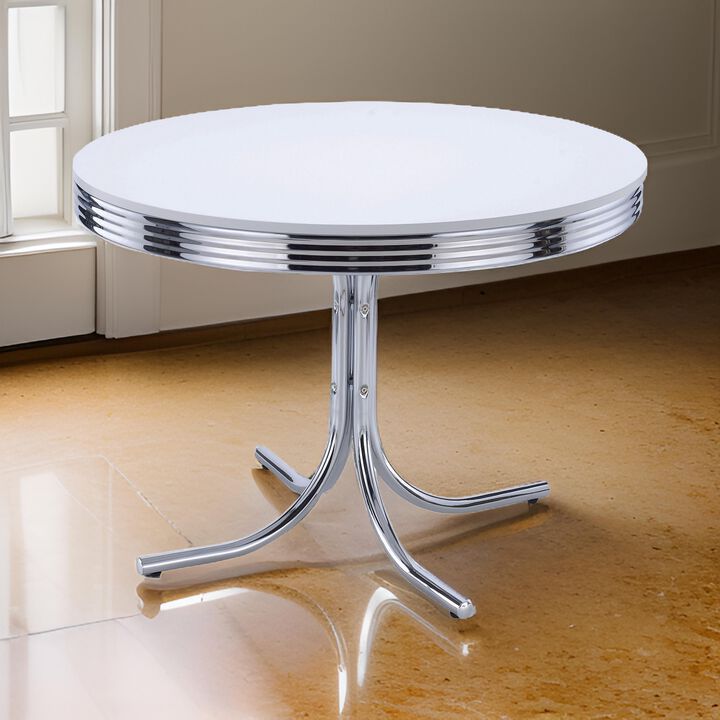 Loy 42 Inch Round Dining Table, Glossy White Wood Top, Ribbed Chrome Apron - Benzara