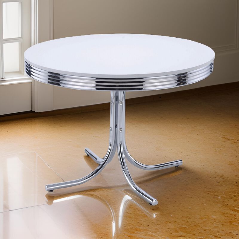 Loy 42 Inch Round Dining Table, Glossy White Wood Top, Ribbed Chrome Apron - Benzara