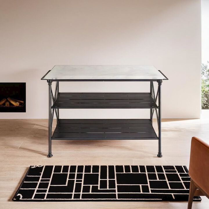 FurniFact Elegant White Marble Kitchen Island with Sturdy Matte Black Steel Base