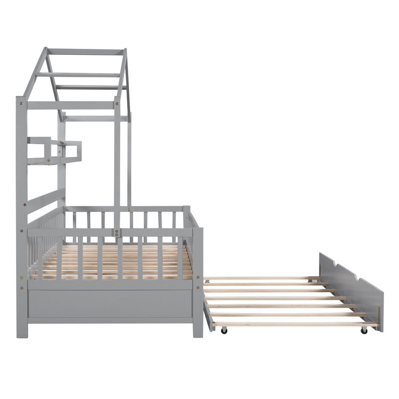 Merax Wooden House Bed with Twin Size Trundle