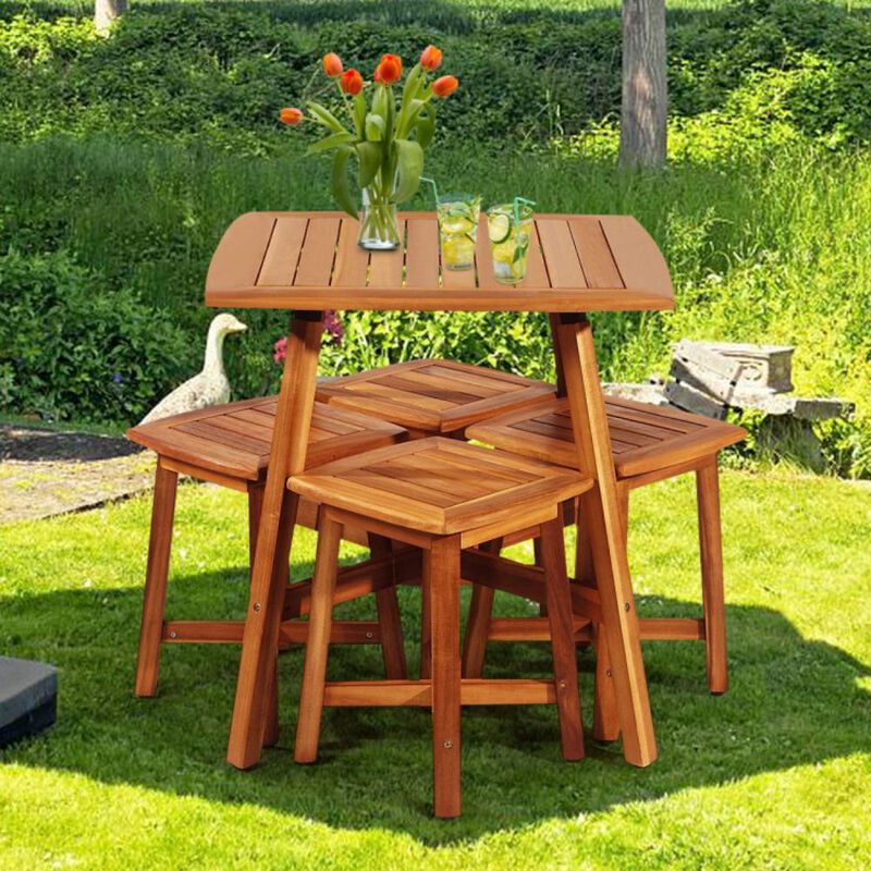 Hivvago 5 Pieces Wood Patio Dining Set with Square Table and 4 Stools