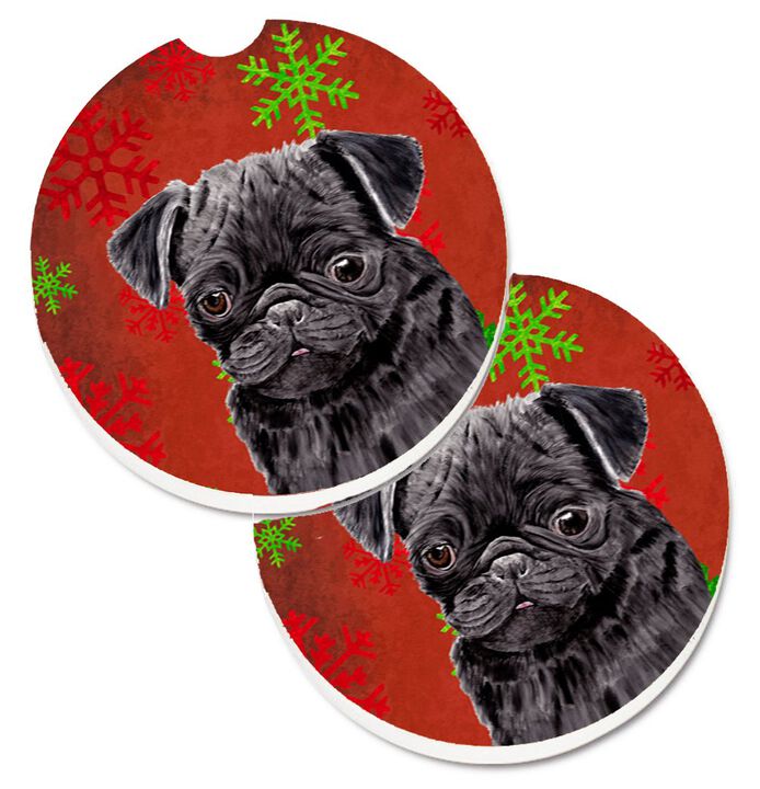 Caroline's Treasures Pug Red & green Snowflakes Holiday Christmas Set of 2 Cup Holder Car Coasters SC9406CARC, 2.56, Multicolor