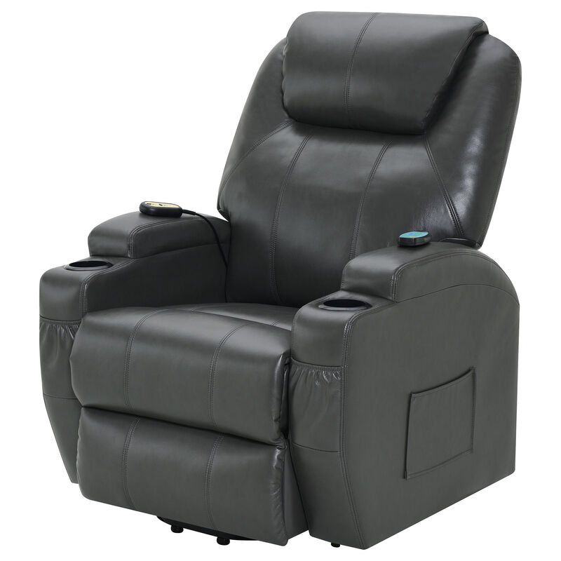Sania Power Lift Recliner Chair, Gray Faux Leather, Cup Holders, Massage - Benzara