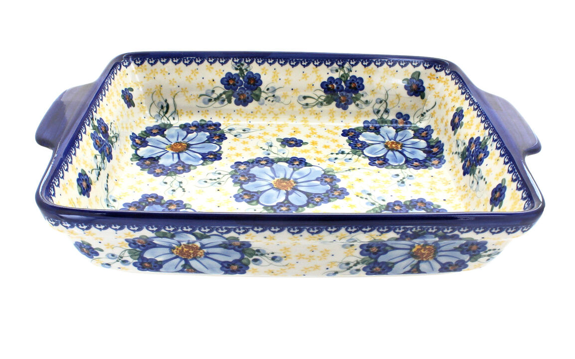 Blue Rose Polish Pottery Garden Butterfly Baker with Handles