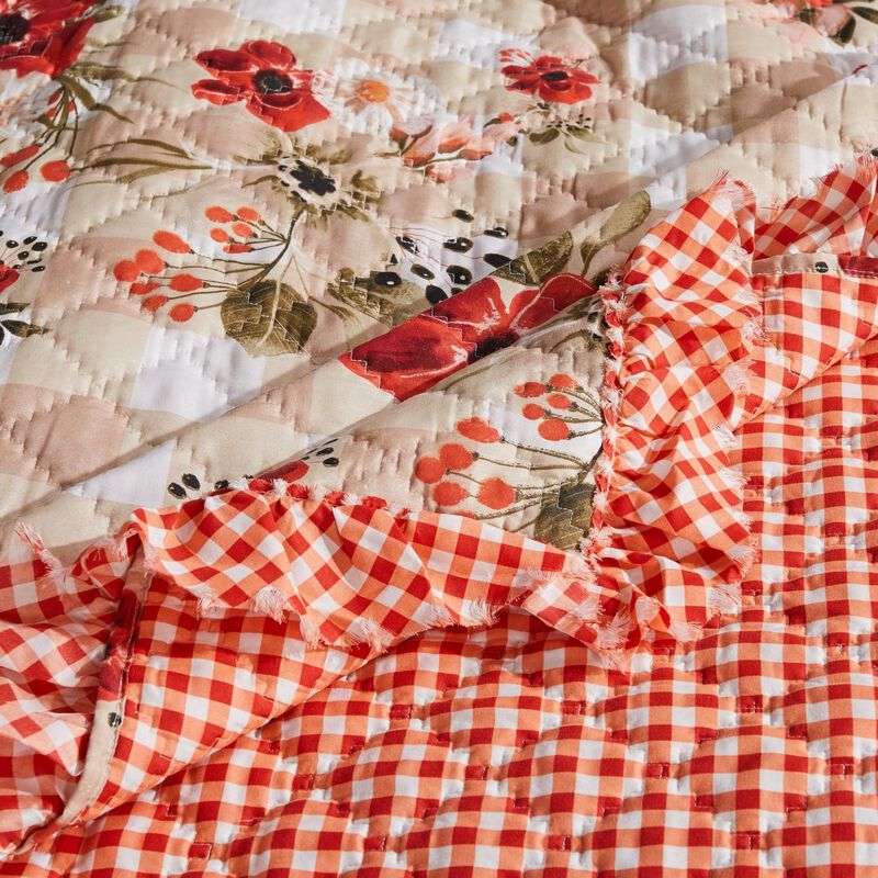 Lire 50 x 60 Inch Quilted Throw Blanket with Fill, Windflower Print, Red - Benzara