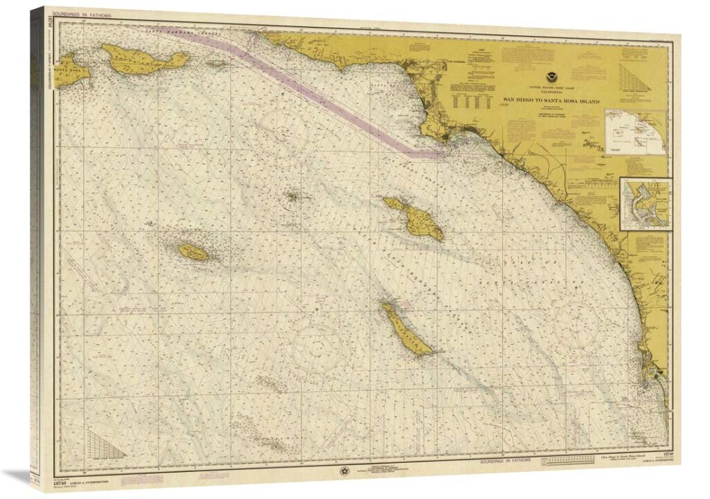 Nautical Chart - San Diego to Santa Rosa Island ca. 1975 - Sepia Tinted-Canvas Art-40x29.2