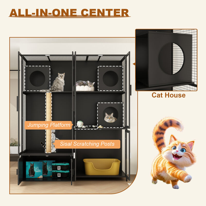 FUFU&GAGA 3-Level Cat Tower with Jumping Platform, Sisal Scratching Posts, Acrylic Doors & Storage Cabinet, (63" Lx 23.6"W x 74.8"H), Black