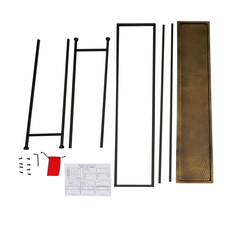 Aurelia 48 Inch Console Sofa Table, Artisanal Hammered Antique Bronze Tray Top, Industrial Black Iron Frame-Benzara