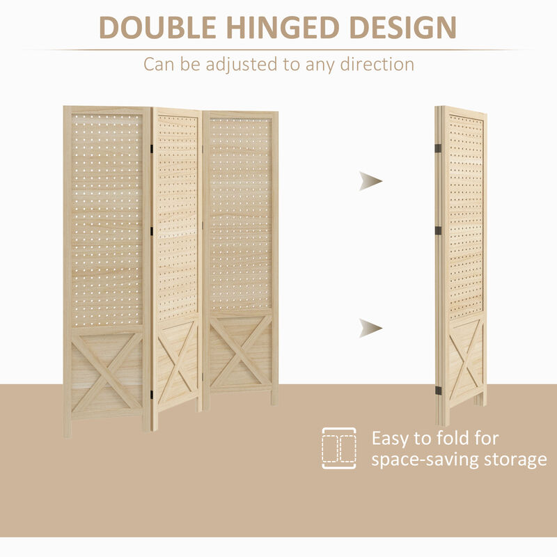 4 Panel Pegboard Display Room Divider, 4.7' Tall Wood Privacy Screen, Natural