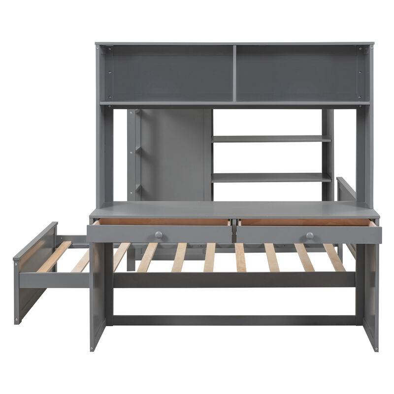 Full Size Loft Bed With A Twin Size Stand-Alone Bed, Shelves, Desk, And Wardrobe