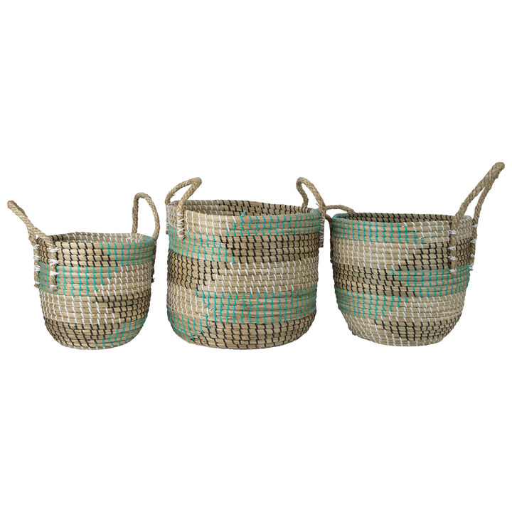 Set of 3 Natural Woven Seagrass Basket with Teal  Black and White Accents