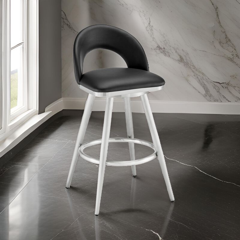 Visy 30 Inch Swivel Barstool Chair, Round Open Back, Black Faux Leather - Benzara