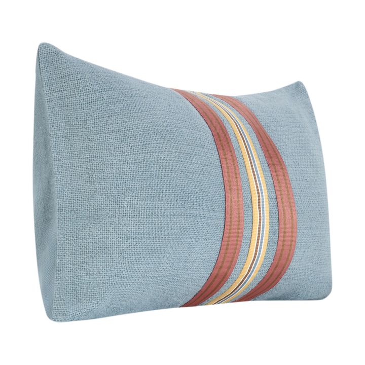 Reto Lumbar Throw Pillow, 14x26in Striped Applique, Blue Cotton Linen - Benzara